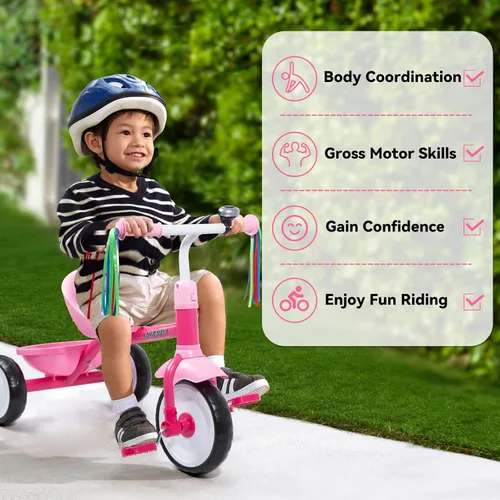 Vista 5 de Liberry Triciclo para niños de 2, 3 y 4 años, triciclo para niños con campana, cesta trasera y pedal extraíble, bicicleta de 3 ruedas, juguetes