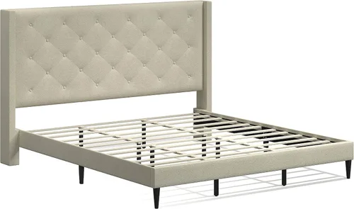 Vista 2 de Glenwillow Home Huppe - Marco de cama tapizado con plataforma MCM con botones, base de colchón, no necesita somier, fácil montaje, beige, tamaño King