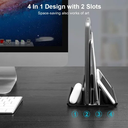 Vista 2 de Vaydeer Soporte vertical doble ajustable para computadora portátil, nuevo diseño, 2 ranuras de aluminio, soporte doble para Negro