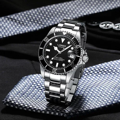Vista 7 de LOREO Reloj automático de acero inoxidable para hombre con bisel giratorio negro