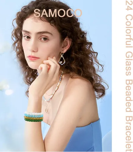 Vista 2 de SAMOCO 24 pulseras elásticas de cuentas de 0.315in, hechas a mano, redondas, de cristal, para mujer, multicolor, mate, pulsera elástica