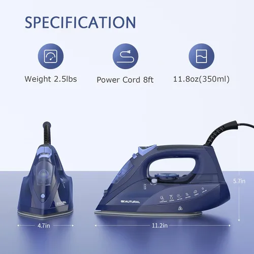 Vista 6 de BEAUTURAL Plancha de vapor para ropa con esfera de termostato de precisión, suela recubierta de cerámica, apagado automático de 3 vías