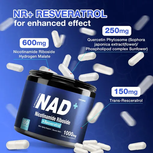 Vista 3 de NAD+ Suplemento licotinamida ribosida liposomal resveratrol 1000mg Suplemento orgánico puro para un envejecimiento saludable, cerebro, energía