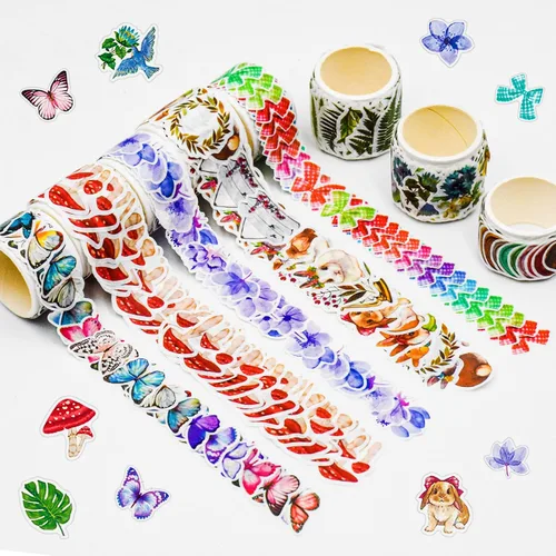 Vista 2 de 8 rollos de cinta adhesiva Washi vintage, diseño de pétalos de flores, hojas de helecho, mariposas, hojas de pino, hongos para bricolaje, diario