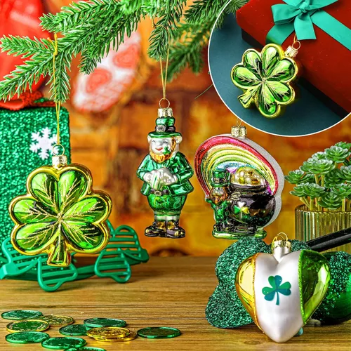 Vista 5 de 4 adornos de cristal del día de San Patricio, maceta de duende de trébol irlandés de oro, decoración de árbol de trébol de la suerte para el hogar