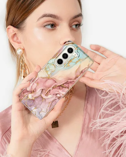 Vista 8 de Btscase Funda para Samsung Galaxy Z Fold 5, protector de pantalla frontal integrado, patrón de mármol dorado con purpurina de policarbonato duro