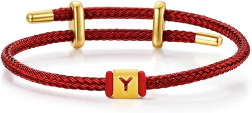 Vista 21 de ZHOU LIU FU Pulsera de Oro de 24K con Dijes de Iniciales, Pulseras Ajustables de Cadena Roja con Dijes de Letras y Corazón A-Z, Brazalete Apilable
