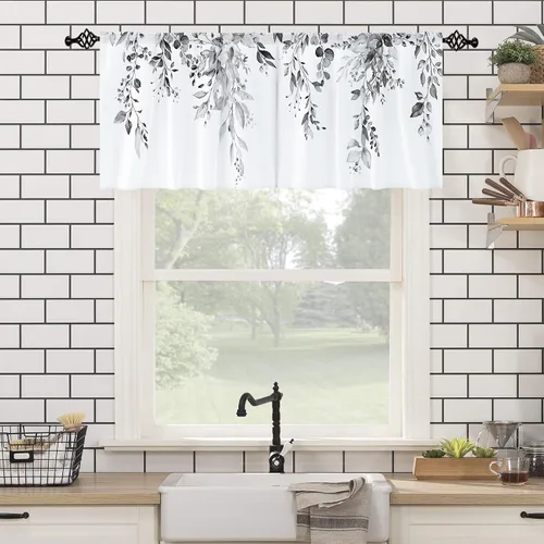 Vista 4 de Cortina de eucalipto negro y gris, cenefa para tratamiento de ventana, estilo bohemio, rústico, floral, bolsillo para barra, cortinas de ventana