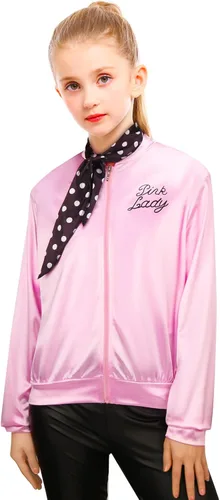 Vista 2 de FLOWDREAM 1950s Child Kids Pink Satin Jacket Little Girls Halloween Costume Cosplay Fancy Dress up Coat with Neck Scarf