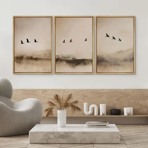 Vista 274 de SIGNWIN Lienzo enmarcado para pared, juego de arte pastel con cadena montañosa, bosque, niebla, naturaleza silvestre, ilustraciones modernas, arte