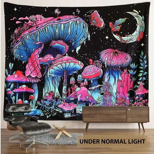 Vista 7 de TUGCAY Tapiz de hongos con luz negra, que brilla en la oscuridad, tapiz de plantas con luz negra, fantasía, hongo, mariposa, luna, reactivo a