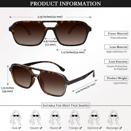 Vista 5 de Sunier Trendy Sunglasses for Womens and Mens, Polarized Retro Pilot Shades with UV400 Protection
