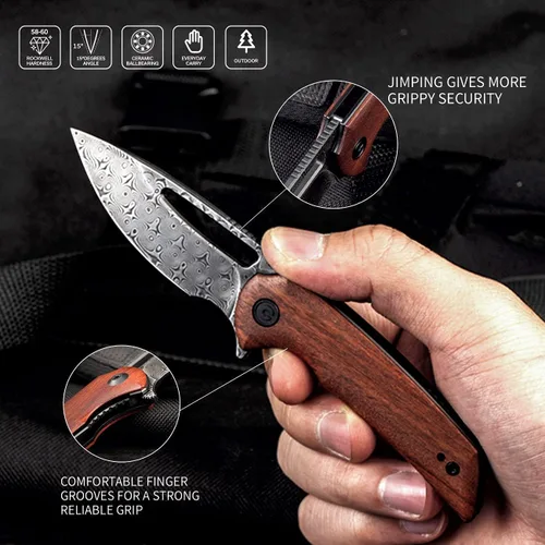 Vista 6 de CIVIVI Odium - Cuchillo plegable pequeño de Damasco, cuchillo de bolsillo flipper de 2.65 pulgadas para EDC y camping, mango de madera Cuibourtia