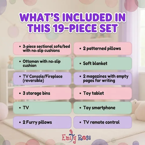 Vista 6 de Emily Rose Juego de muebles de sala de estar de muñeca de 18 pulgadas, sofá modular convertible de madera de 19 piezas con TV, chimenea, cojines