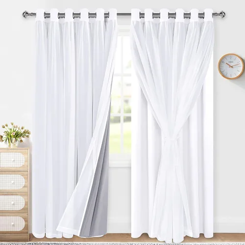 Vista 32 de XWZO Cortinas 100% opacas de doble capa para guardería, cortinas opacas con superposición transparente para dormitorio de niñas, cortinas