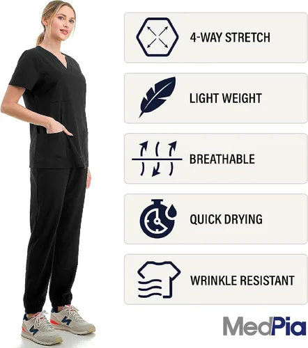 Vista 2 de MEDPIA Conjunto médico para mujeres y hombres, uniforme médico de enfermería, pantalones deportivos elásticos en 4 direcciones y 6 bolsillos