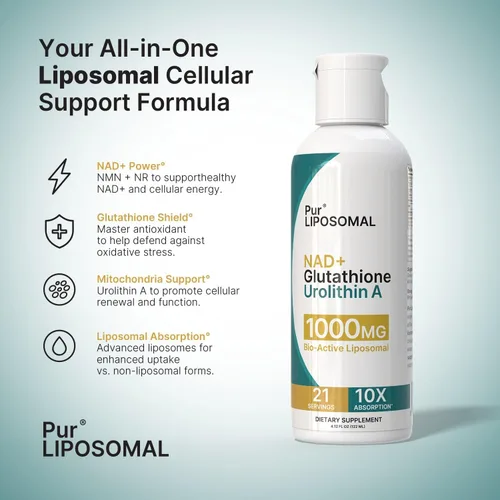 Vista 3 de NAD+ Glutatión Urolitina A 1000 mg Líquido - Absorción máxima NAD+ Pila con NMN y NR para energía celular - L-Glutatión para desintoxicación