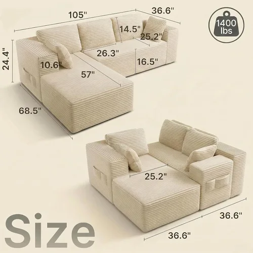 Vista 2 de Gizoon - Sofá modular modular sin hueso para sala de estar, sofá esponjoso de pana con asiento profundo de gran tamaño Beige