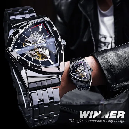 Vista 9 de FORSINING Triangle Skeleton Reloj mecánico automático para hombre, de lujo, dorado, negro, acero inoxidable, impermeable, luminoso, reloj de pulsera