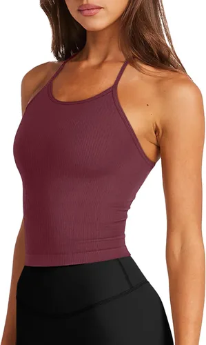 Vista 2 de LASLULU - Sujetador deportivo para mujer, ombliguera larga sin costuras, camiseta corta con espalda cruzada, tirantes de espagueti, brasier
