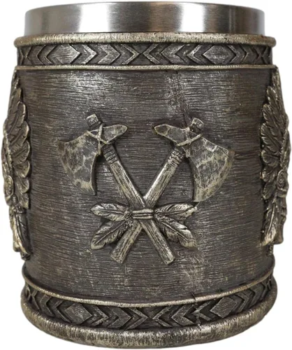 Vista 5 de Ebros Gift Nativo americano indio tribal jefe guerrero cráneo con águila cucaracha tocado y doble hacha cruzada taza de café taza de bebida jarra