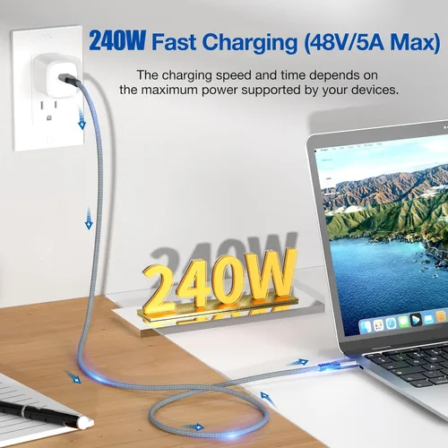 Vista 2 de UseBean Cable USB C a USB C de 240 W de 1.6 pies [2 paquetes], USB 3.2 Gen2X2 20Gbps Tipo-C PD carga rápida, cable de video 4K, para iPhone 15 Plus