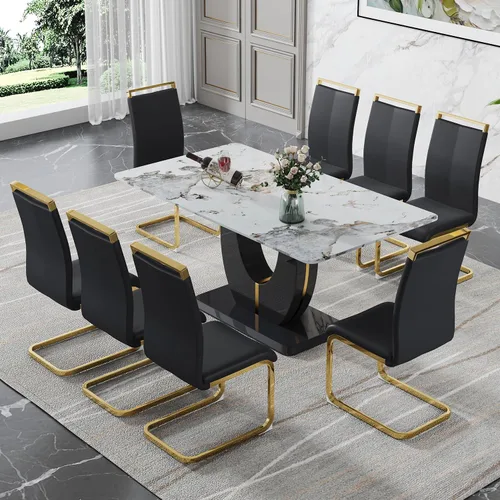 Vista 74 de JUFU Juego de mesa de comedor moderno para 4, juego de mesa de cocina rectangular de 63 pulgadas con mesa de mármol sintético y 4 sillas tapizadas