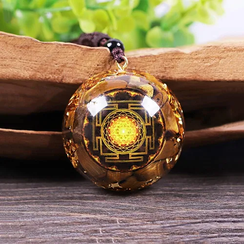 Vista 2 de Day Day Up Orgonite Pendant Tiger Eye Necklace Sri Yantra Necklace Sacred Geometry Energy Healing Yoga Jewelry (Style 1)