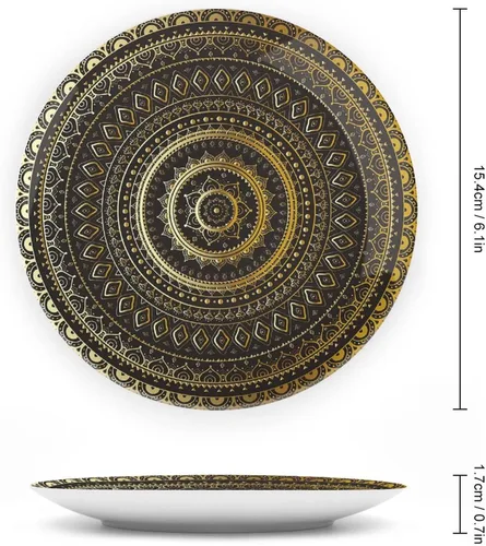 Vista 2 de XISUNYA Plato decorativo de 6 pulgadas, porcelana redonda de mandala dorada, plato de exhibición de estampado floral indio oriental para mesa
