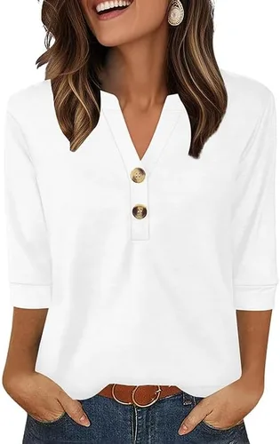 Vista 33 de OFEEFAN - Camisetas de manga 3/4 estilo Henley para mujer, blusas de moda de otoño 2025, atuendos escolares para maestras Raya