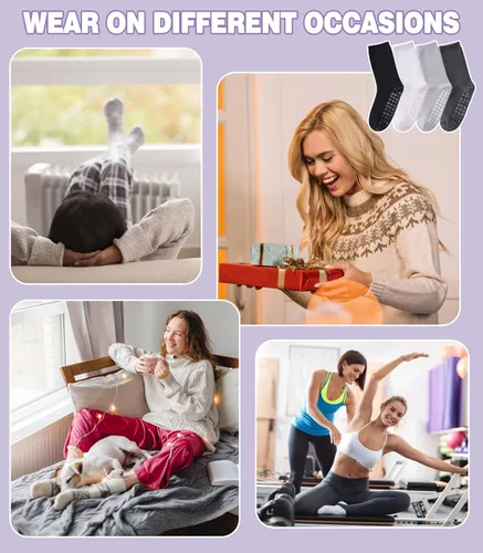 Vista 7 de LANLEO Calcetines de pilates con empuñaduras para mujer, calcetines antideslizantes para yoga, baile, atletismo, entrenamiento, hospital, calcetines