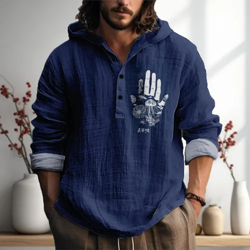 Vista 3 de MARSVOVO Camisa con capucha para hombre, vintage, retro, de 3 botones, manga larga, ligera, ligera, a la moda, casual, para uso diario, primavera