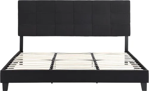 Vista 5 de Base de cama tamaño King, moderna cama tapizada con cabecero, base de cama pesada con soporte de listones de madera, fácil montaje, no necesita