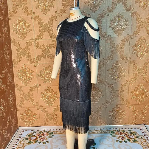 Vista 7 de Cololura Sexy elegante vestido midi bodycon con borlas de lentejuelas para mujer, vestido de noche para fiesta, vestido formal