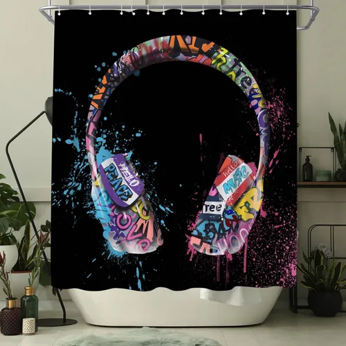 Vista 3 de WELMECO Cortina de ducha con diseño de grafiti, DJ, música, audífonos, 72 x 72 pulgadas, tela de poliéster, decoración de baño