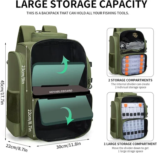 Vista 5 de WANOON Mochila de pesca, bolsa de aparejos, con cajas de aparejos. Bolsa de pesca grande, materiales fuertes