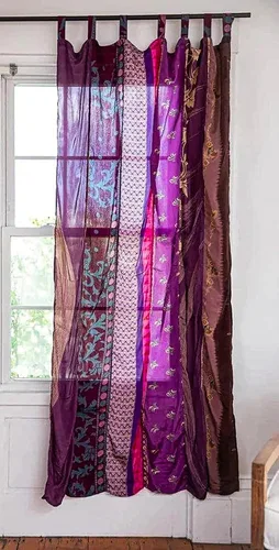 Vista 2 de EthinicCraftHub® - Cortina india de seda Sari con diseño de retazos estilo gitano bohemio hippy bohemio para colgar en la pared