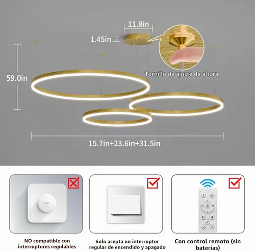 Vista 3 de Mikeru Lámpara de Araña LED Moderna de 3 Anillos, Accesorios de Luz Colgante de Techo con Control Remoto 3000k-6500K Temperatura de Color Ajustable