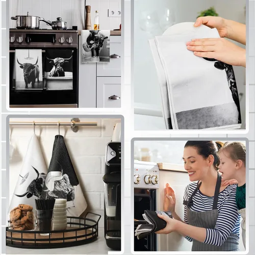 Vista 5 de Boyiee Juego de 6 toallas de cocina de ganado Highland, divertidas toallas de baño de vaca en blanco y negro, absorbentes de 24 x 16 pulgadas, lindo