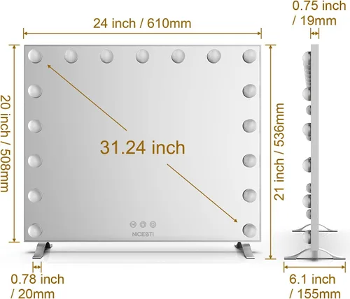 Vista 3 de Espejo de tocador con luces LED, 17 bombillas LED regulables, espejo de maquillaje con control táctil, montaje en mesa o pared, marco de aluminio