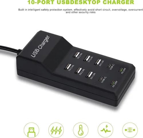 Vista 7 de Cargador USB, estación de carga USB de 100 W con 10 puertos (6 puertos USB-A y 2 puertos USB-C y 2 PD20W) compatible con iPhone 15/14/13/13Pro Max