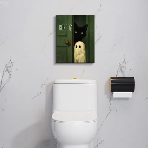 Vista 5 de Divertido arte de pared de baño con fantasma, gato y fantasma, bonita decoración de pared de baño de Halloween, divertida obra de arte de gato
