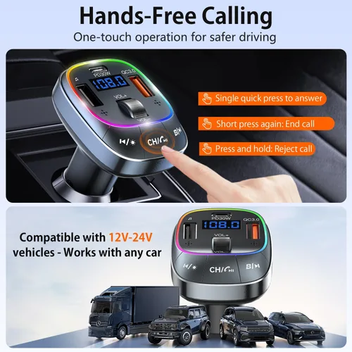 Vista 6 de Redroman Adaptador de coche USB C Bluetooth 5.4 para llamadas manos libres y carga rápida de 48 W, transmisor FM inalámbrico receptor de audio