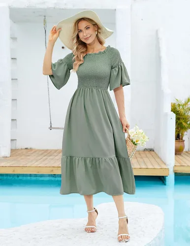 Vista 3 de DRESSTELLS Women Casual Dresses, Summer Smocked Maxi Dresses 2023 Trendy, Off Shoulder Boho Sundress