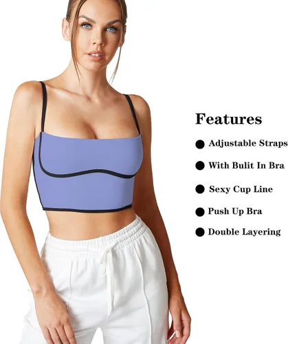 Vista 4 de Move With You Sujetador deportivo sin mangas con tirantes delgados, acolchado, cuello cuadrado, doble capa, entrenamiento, fitness, básico, crop tops