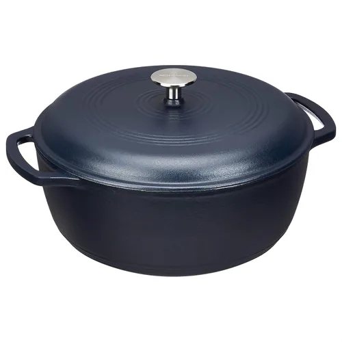 Vista 19 de Amazon Basics Olla de horno holandés de hierro fundido con tapa, esmaltada, redonda, doble asa, resistente, pequeña, 4.3 cuartos de galón, azul