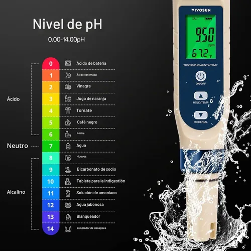 Vista 2 de VIVOSUN - Medidor digital de pH 5 en 1 con función de salinidad/TDS/EC Azul