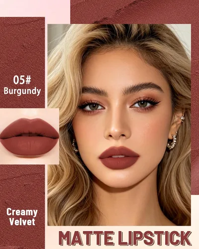 Vista 2 de Lápiz labial mate de larga duración, terciopelo burdeos liso para mujeres y 05