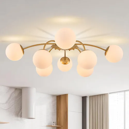 Vista 9 de Lámpara de araña Sputnik con 8 luces de globo dorado con burbujas de vidrio de leche Milk Glass Bubble Ball, Semi Flush Ceiling Lights, Blossom