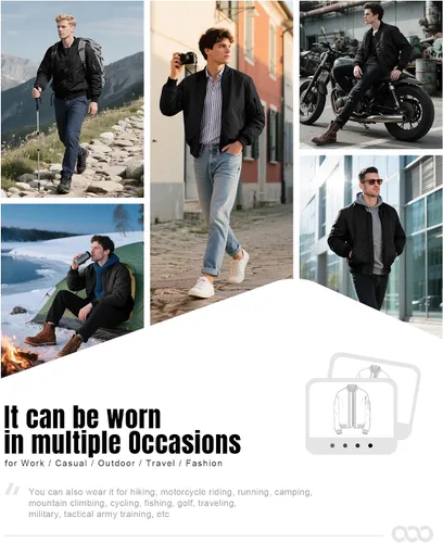 Vista 6 de 33,000ft Chaqueta bomber para hombre, impermeable, con cremallera, acolchada, ligera, cálida, casual, primavera, otoño e invierno Negro